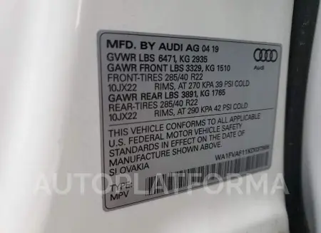 AUDI Q8 PRESTIG 2019 vin WA1FVAF11KD037906 from auto auction Copart