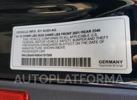 AUDI S4 PREMIUM 2019 vin WAUB4AF49KA101500 from auto auction Copart