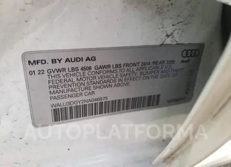 AUDI S3 PRESTIG 2022 vin WAUJ3DGY2NA046975 from auto auction Copart