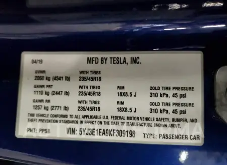 TESLA MODEL 3 2019 vin 5YJ3E1EA9KF309198 from auto auction Copart