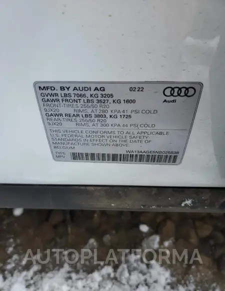 AUDI E-TRON SPO 2022 vin WA13AAGE5NB025838 from auto auction Copart