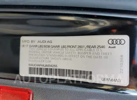 AUDI S4 PRESTIG 2018 vin WAUC4AF44JA004255 from auto auction Copart