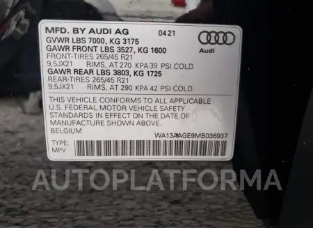 AUDI E-TRON SPO 2021 vin WA13AAGE9MB036937 from auto auction Copart