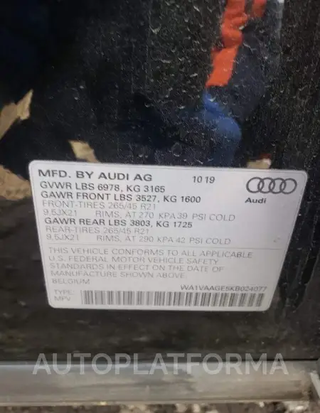 AUDI E-TRON PRE 2019 vin WA1VAAGE5KB024077 from auto auction Copart