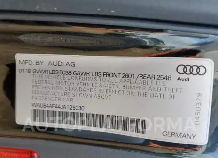 AUDI S4 PREMIUM 2018 vin WAUB4AF44JA126030 from auto auction Copart