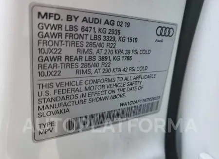 AUDI Q8 PRESTIG 2019 vin WA1CVAF11KD028223 from auto auction Copart