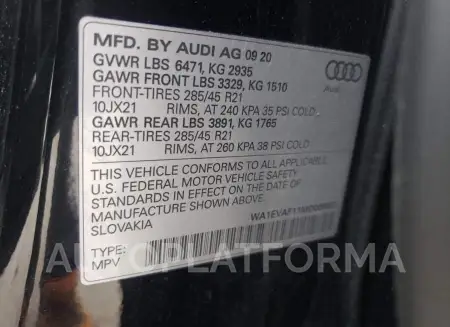 AUDI Q8 PREMIUM 2021 vin WA1EVAF11MD009537 from auto auction Copart