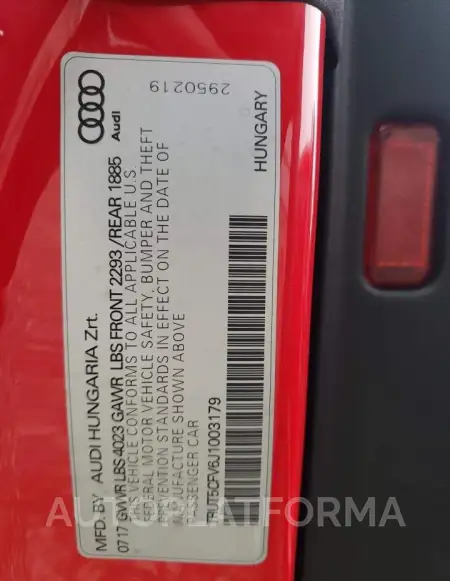 AUDI TT 2018 vin TRUT5CFV6J1003179 from auto auction Copart