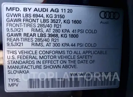 AUDI SQ7 PREMIU 2021 vin WA1AWBF77MD023027 from auto auction Copart