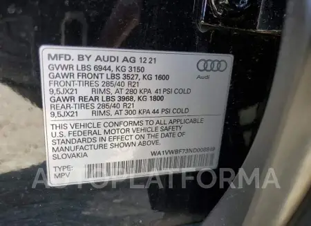 AUDI SQ7 PRESTI 2022 vin WA1VWBF73ND008849 from auto auction Copart