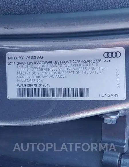 AUDI S3 2016 vin WAUB1GFF7G1019513 from auto auction Copart