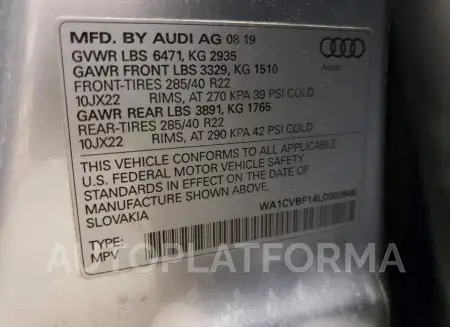 AUDI Q8 PRESTIG 2020 vin WA1CVBF14LD003646 from auto auction Copart