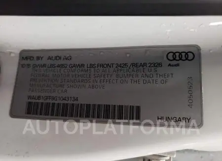 AUDI S3 PREMIUM 2016 vin WAUB1GFF9G1043134 from auto auction Copart