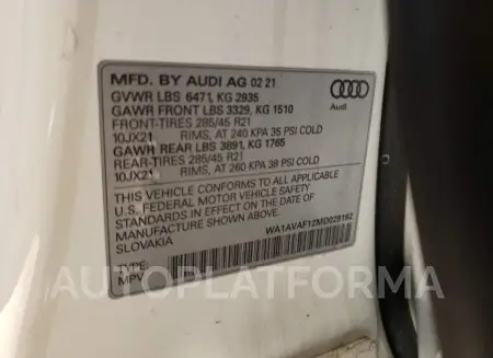 AUDI Q8 PREMIUM 2021 vin WA1AVAF12MD028192 from auto auction Copart