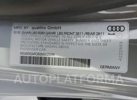 AUDI RS7 2016 vin WUAW2AFC8GN902696 from auto auction Copart