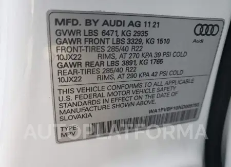 AUDI Q8 PRESTIG 2022 vin WA1FVBF10ND009783 from auto auction Copart