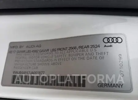 AUDI S4 PREMIUM 2018 vin WAUB4AF47JA001877 from auto auction Copart