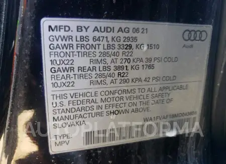 AUDI Q8 PRESTIG 2021 vin WA1FVAF18MD043656 from auto auction Copart