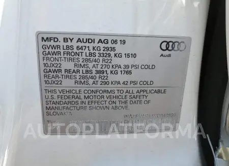 AUDI Q8 PREMIUM 2019 vin WA1EVAF14KD043999 from auto auction Copart