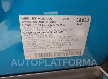 AUDI E-TRON PRE 2019 vin WA1VAAGE4KB018996 from auto auction Copart