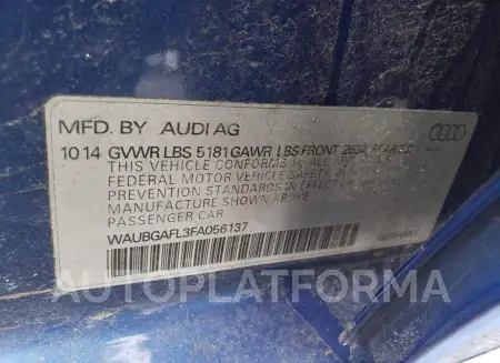 AUDI S4 PREMIUM 2015 vin WAUBGAFL3FA056137 from auto auction Copart