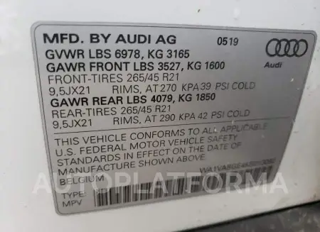 AUDI E-TRON PRE 2019 vin WA1VABGE4KB013092 from auto auction Copart