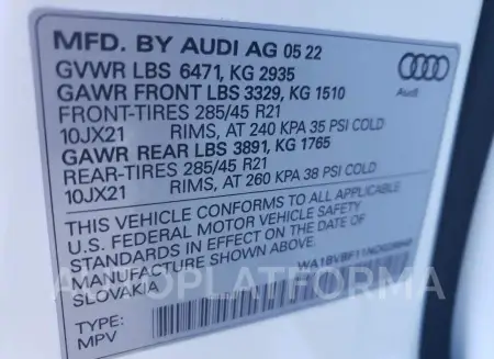 AUDI Q8 PREMIUM 2022 vin WA1BVBF11ND026848 from auto auction Copart