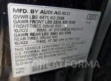 AUDI Q8 PREMIUM 2021 vin WA1EVAF1XMD027115 from auto auction Copart