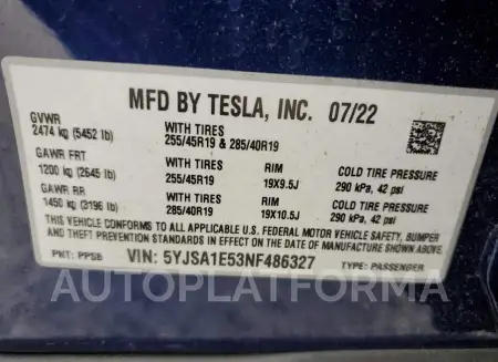 TESLA MODEL S 2022 vin 5YJSA1E53NF486327 from auto auction Copart