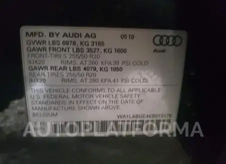 AUDI E-TRON PRE 2019 vin WA1LABGE4KB013178 from auto auction Copart