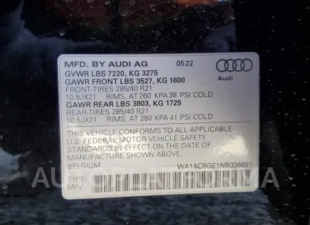 AUDI E-TRON S P 2022 vin WA1ACBGE1NB038691 from auto auction Copart