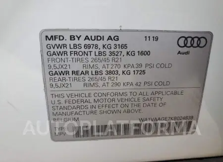 AUDI E-TRON PRE 2019 vin WA1VAAGE7KB024839 from auto auction Copart