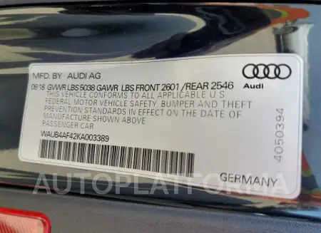 AUDI S4 PREMIUM 2019 vin WAUB4AF42KA003389 from auto auction Copart