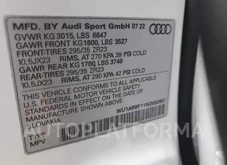 AUDI RS Q8 2022 vin WU1ARBF11ND032657 from auto auction Copart