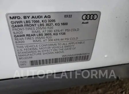 AUDI E-TRON PRE 2022 vin WA1AAAGE5NB030514 from auto auction Copart