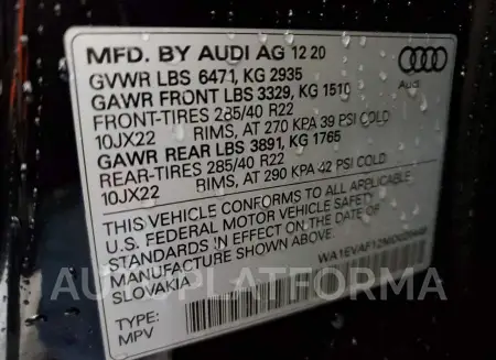 AUDI Q8 PREMIUM 2021 vin WA1EVAF12MD020448 from auto auction Copart