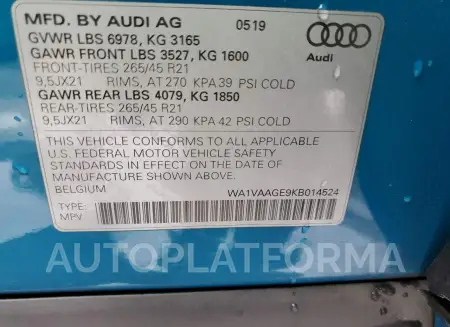 AUDI E-TRON PRE 2019 vin WA1VAAGE9KB014524 from auto auction Copart