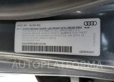 AUDI S7 PREMIUM 2017 vin WAUWFAFC4HN124106 from auto auction Copart