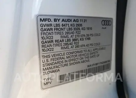 AUDI Q8 PRESTIG 2022 vin WA1FVBF17ND009750 from auto auction Copart