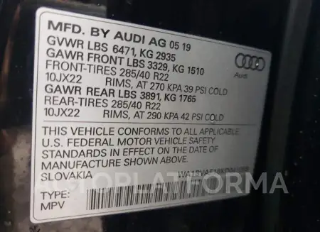 AUDI Q8 PREMIUM 2019 vin WA1BVAF18KD041059 from auto auction Copart