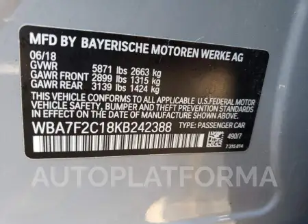 BMW ALPINA B7 2019 vin WBA7F2C18KB242388 from auto auction Copart