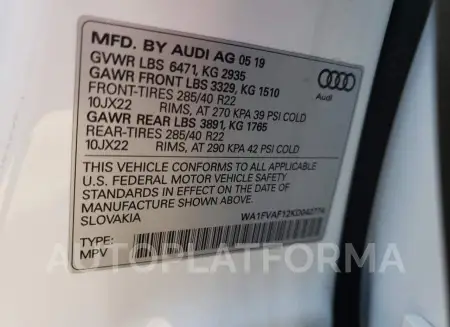 AUDI Q8 PRESTIG 2019 vin WA1FVAF12KD042774 from auto auction Copart