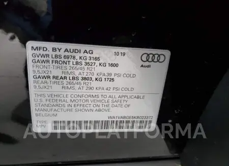 AUDI E-TRON PRE 2019 vin WA1VABGE5KB023372 from auto auction Copart