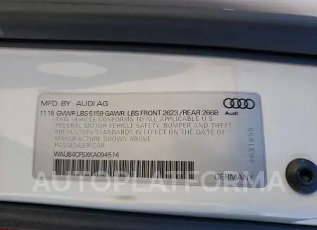 AUDI S5 PREMIUM 2019 vin WAUB4CF5XKA094514 from auto auction Copart