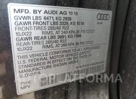 AUDI Q8 PRESTIG 2019 vin WA1FVAF14KD014409 from auto auction Copart