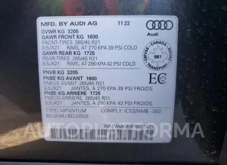 AUDI E-TRON CHR 2023 vin WA1VAAGE9PB017477 from auto auction Copart