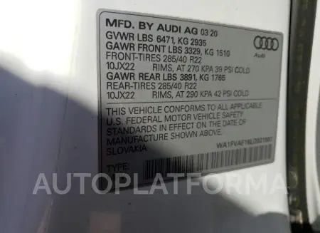 AUDI Q8 PRESTIG 2020 vin WA1FVAF16LD021881 from auto auction Copart