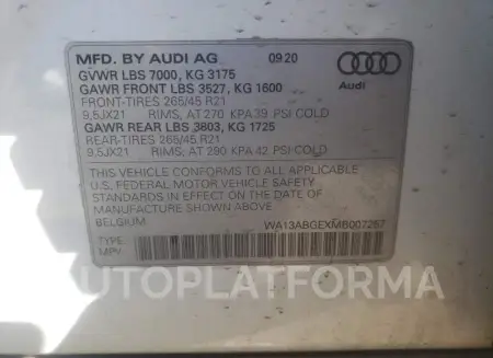 AUDI E-TRON SPO 2021 vin WA13ABGEXMB007257 from auto auction Copart