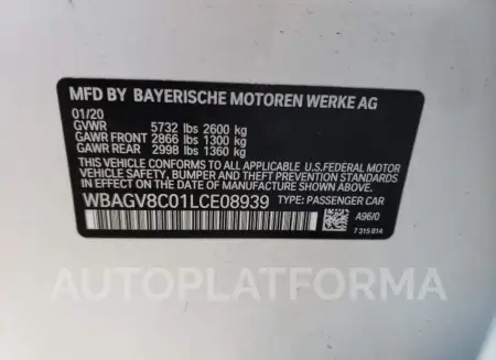 BMW M850XI 2020 vin WBAGV8C01LCE08939 from auto auction Copart