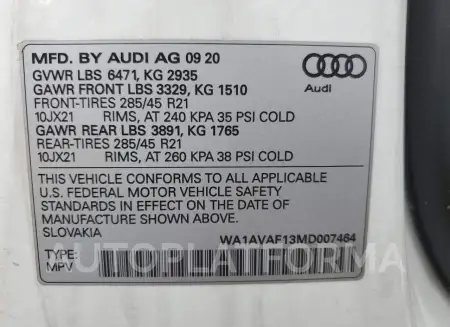 AUDI Q8 PREMIUM 2021 vin WA1AVAF13MD007464 from auto auction Copart